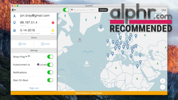 NordVPN потребителски интерфейс с награда Alphr