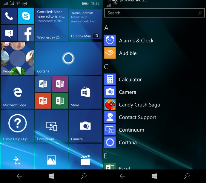 Windows 10 Mobile преглед: Начален екран и меню с всички приложения