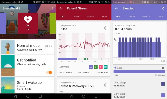 Преглед на Sony SmartBand 2: приложението за Android (вляво) и приложението Sony LIfelog (вдясно)