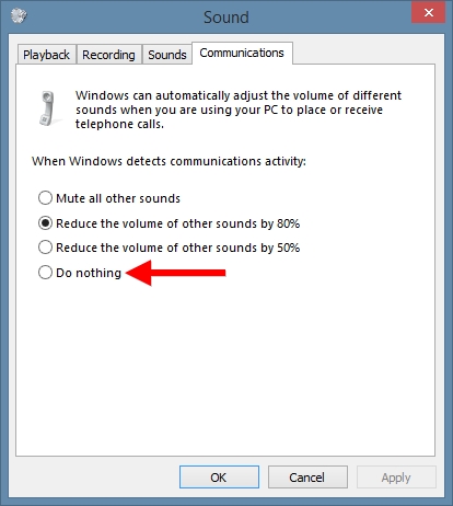 Звуковите комуникации на Windows намаляват силата на звука на други звуци
